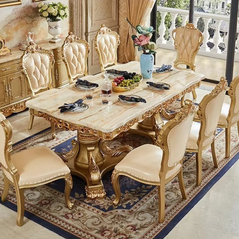 

Marble dining table and chairs gold solid wood carving large meal set villa restaurant