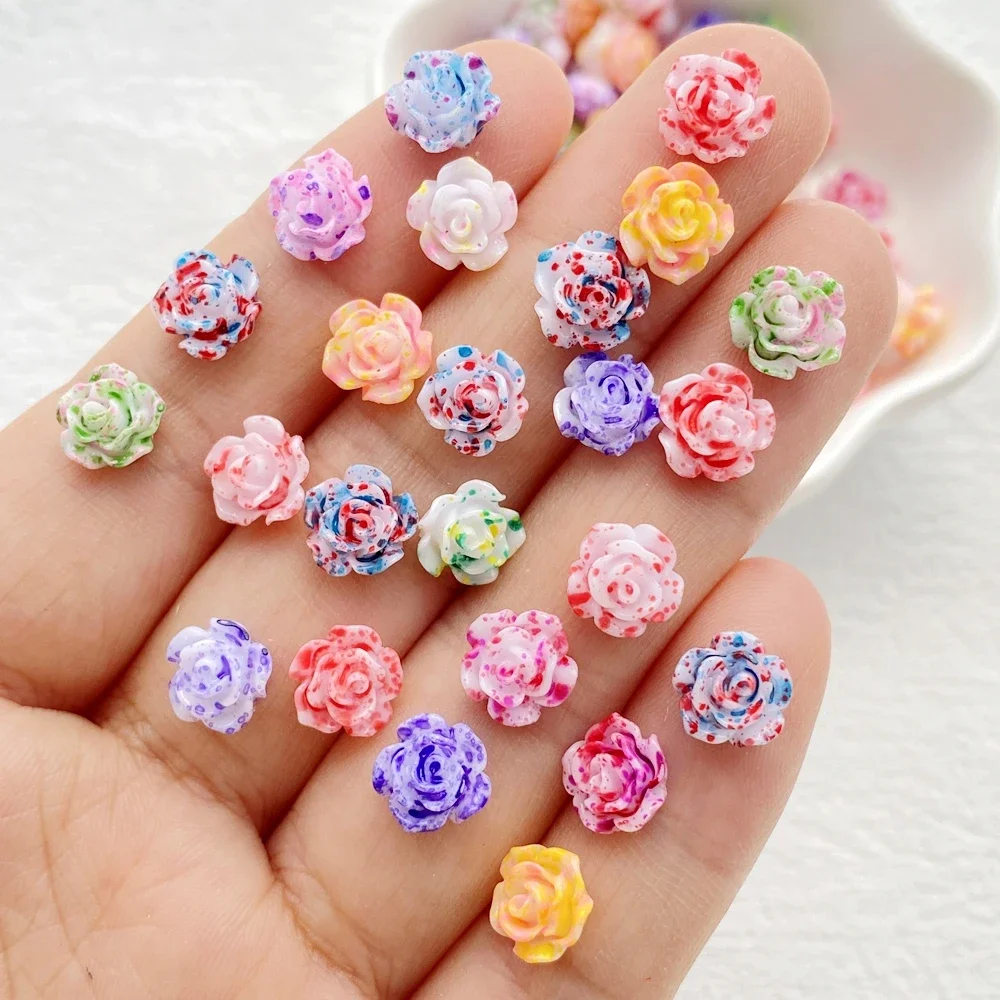 100Pcs Resin 7mm Colorful Splash Ink Painting Rose Nail Art Flat back Flower Stone Scrapbook Wedding Applique DIY Jewelry Crafts