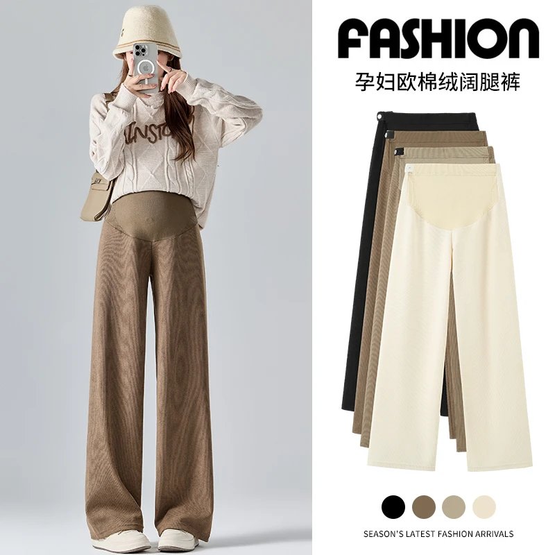 2024 Autumn Winter Maternity Pants Wide leg Loose Straight Elastic Waist Belly Long Trousers for Pregnant Women Youth Pregnancy