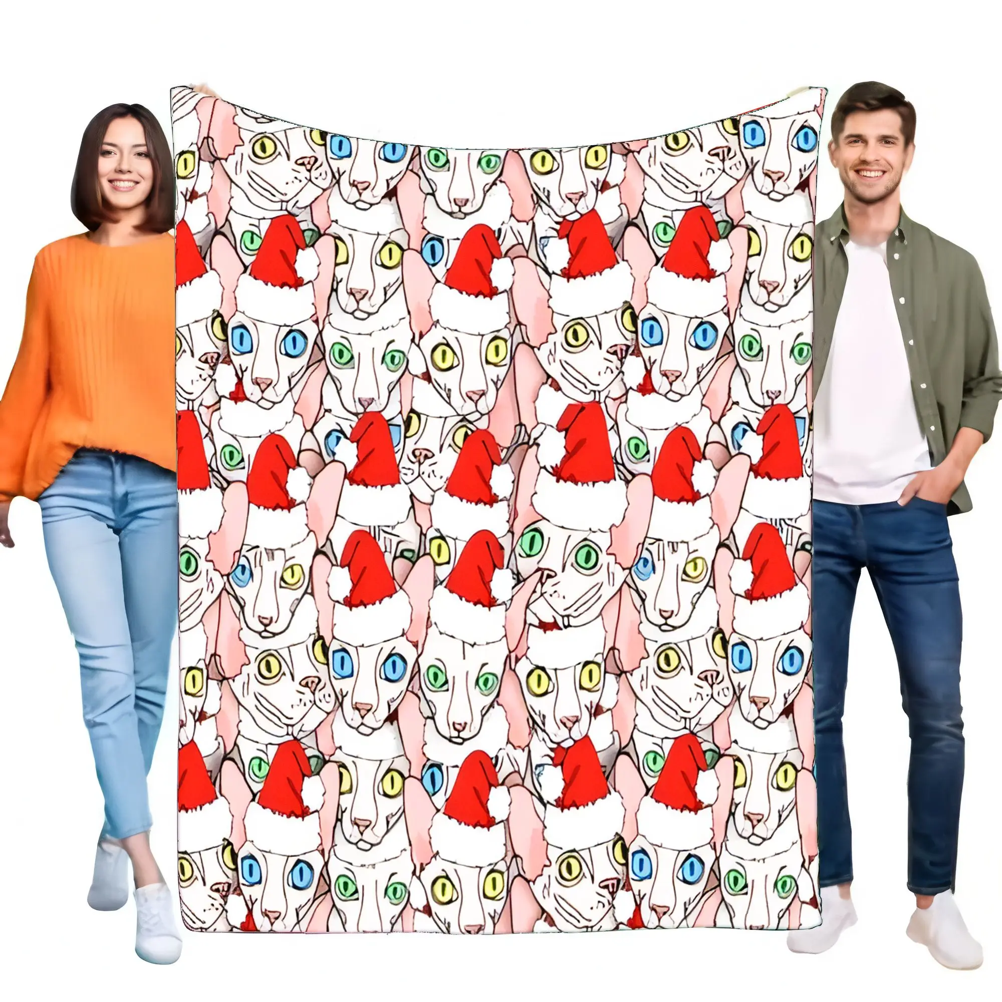 Lustige Sphynx-Katzen-Weihnachtsdecke, Weihnachtsmütze, Haustierliebhaber, weicher, gemütlicher Flanellüberwurf für Bett, Sofa, einzigartige Feiertags-Weihnachtsgeschenkdekoration