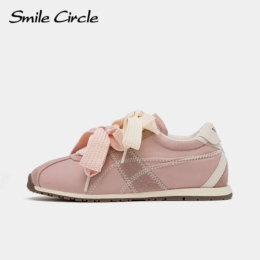 Smile Circle Sneakers Women Suede Leather Round-toe Lace-up Flat Shoes Fashion Casual Sneakers