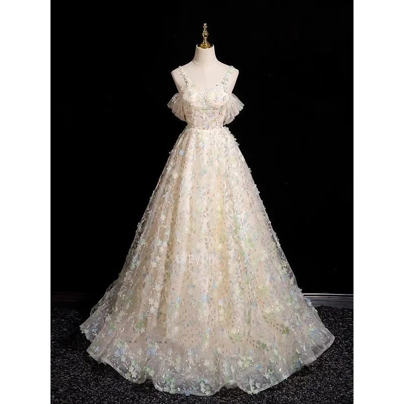 Vestido de noche champán ligero de lujo para mujer, apliques de flores con hombros descubiertos, largo hasta el suelo, corte en A, vestido de graduación, Vestidos para quinceañeras