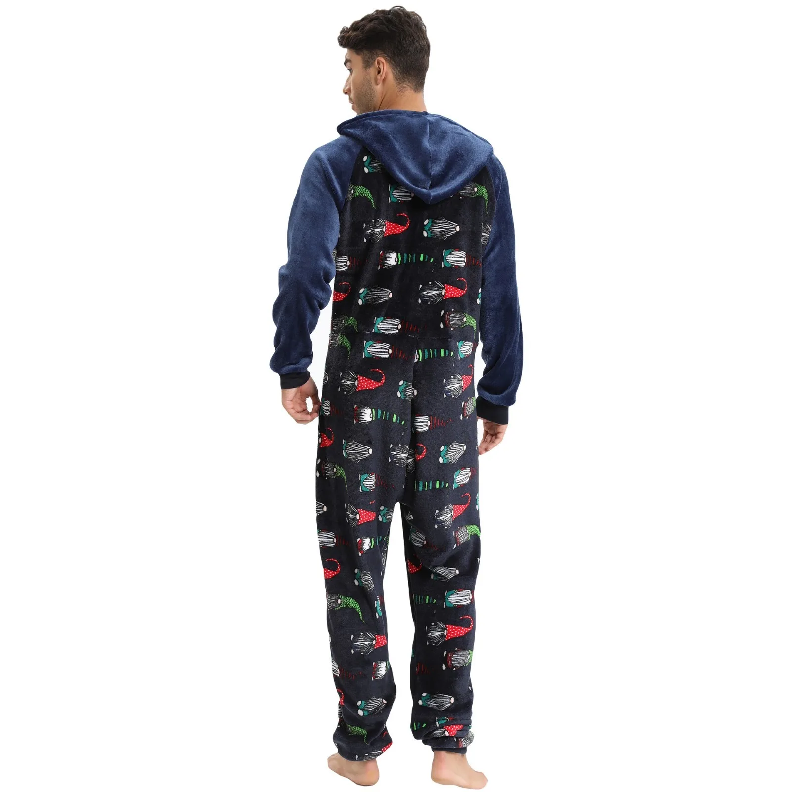 Male Autumn And Winter Leisure Travel print Loose Long Sleeved Warm Pajamas Home Clothes With Pockets Warm Jumpsuits sleepwear