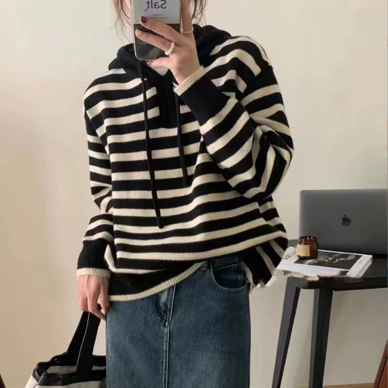 

Hooded Knitwear Top Autumn Winter Thick Section 2023 New Street Style Loose Hooded Drawstring Pullover Striped Sweater