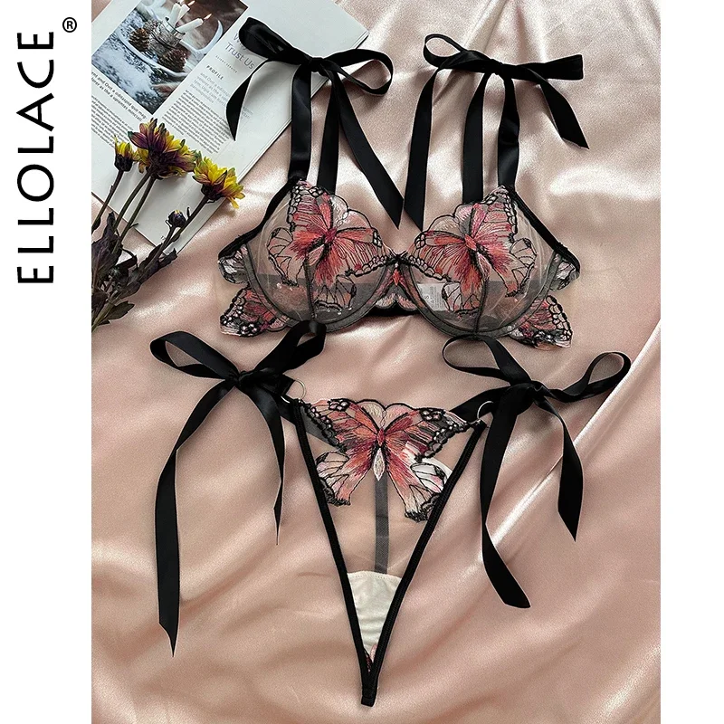 Ellolace-Lencería de mariposa de encaje elegante, ropa interior delicada, bordado de hadas, conjuntos exóticos transparentes, ropa interior de chica caliente con lazo Bilizna