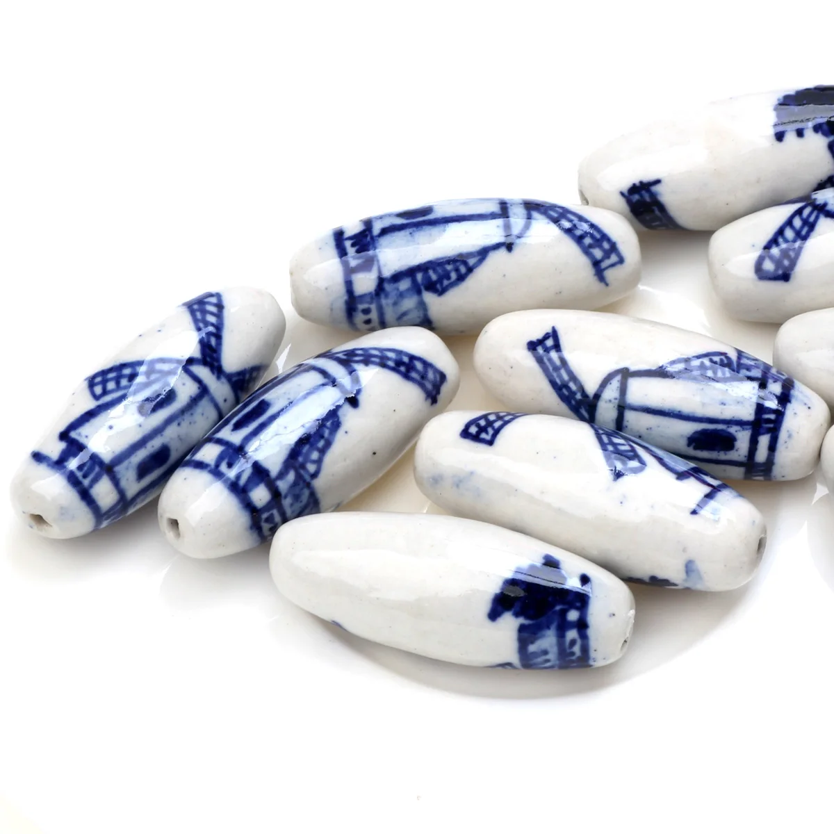 4pcs/Lot 31MM Windmill Elliptical Shape Blue And White Porcelain Ceramic Beads For Jewelry Making DIY Bracelet Necklace Earrings