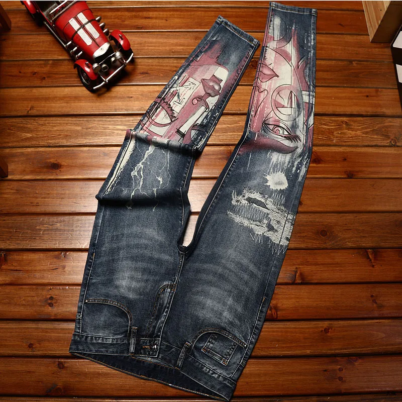 High-grade printed fashion jeans men's slim fit light luxury casual trend washed stretch denim long skinny pants