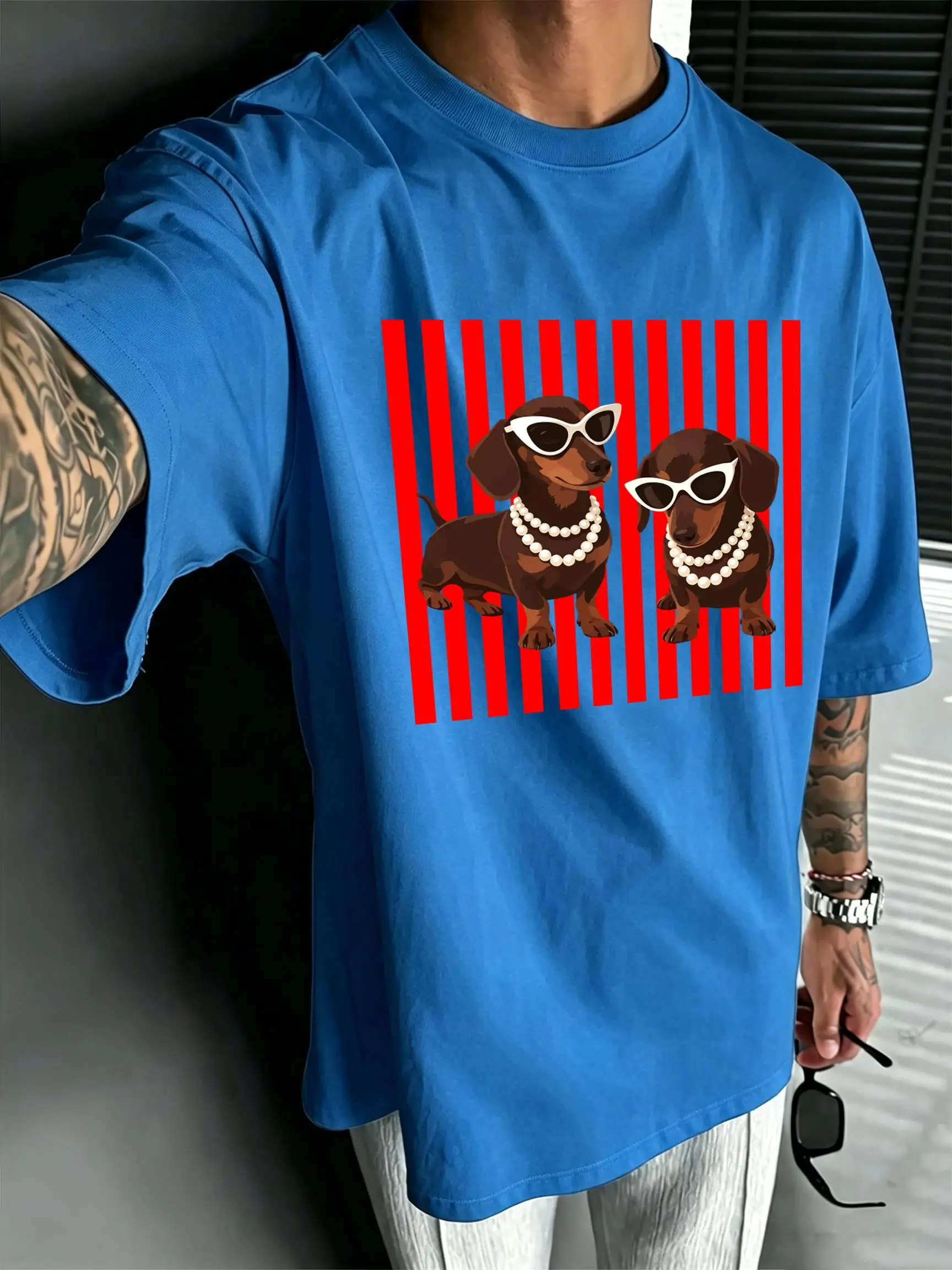 Pearl Dachshund Dog Print Men Summer All-Match T Shirts Cotton Casual Clothing O-Neck Oversized Sportswear Jogging Beach Tops