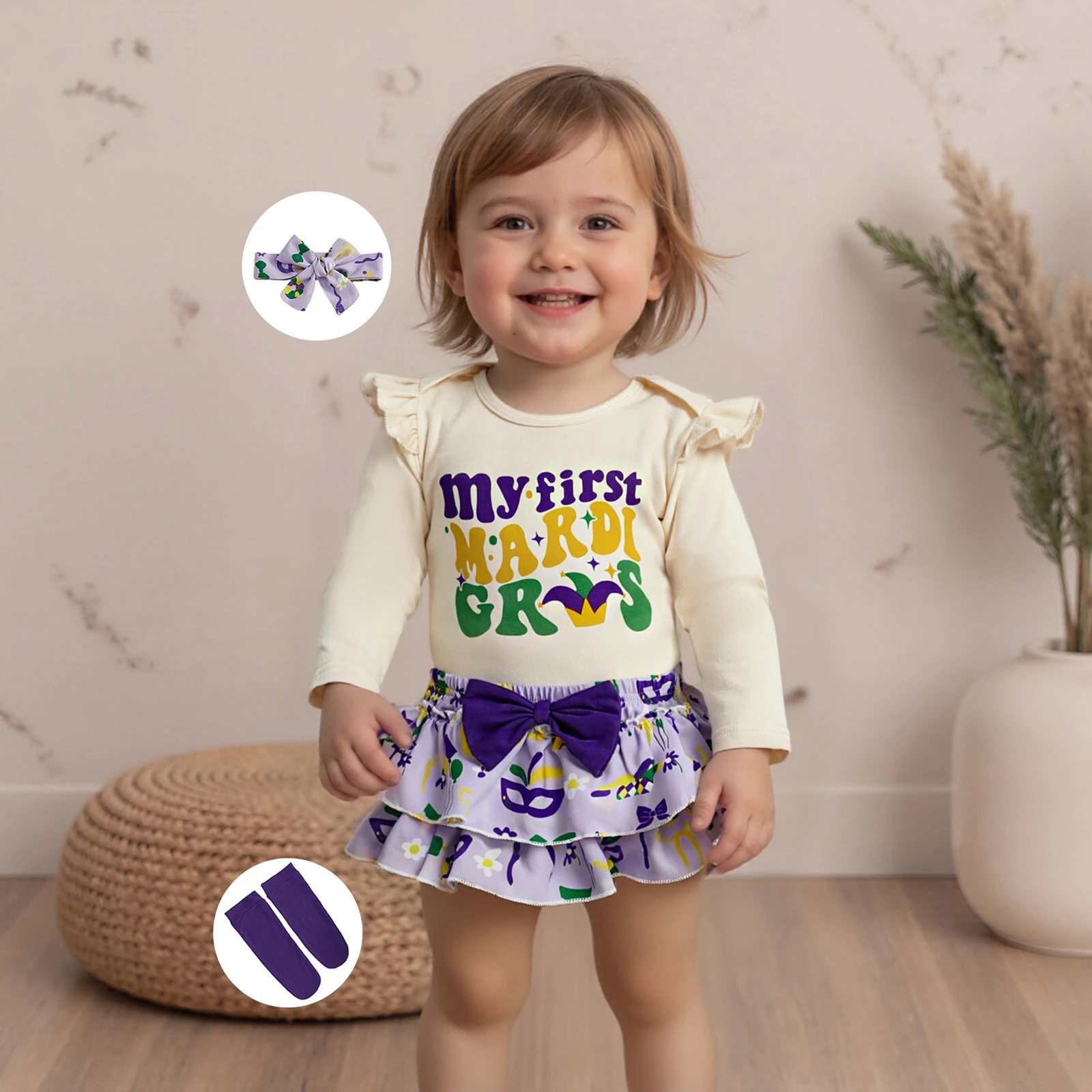 

Одежда для малышей, наряды для девочек, комбинезон с длинными рукавами и надписью, многоуровневые шорты, повязка на голову с бантом, длинные носки