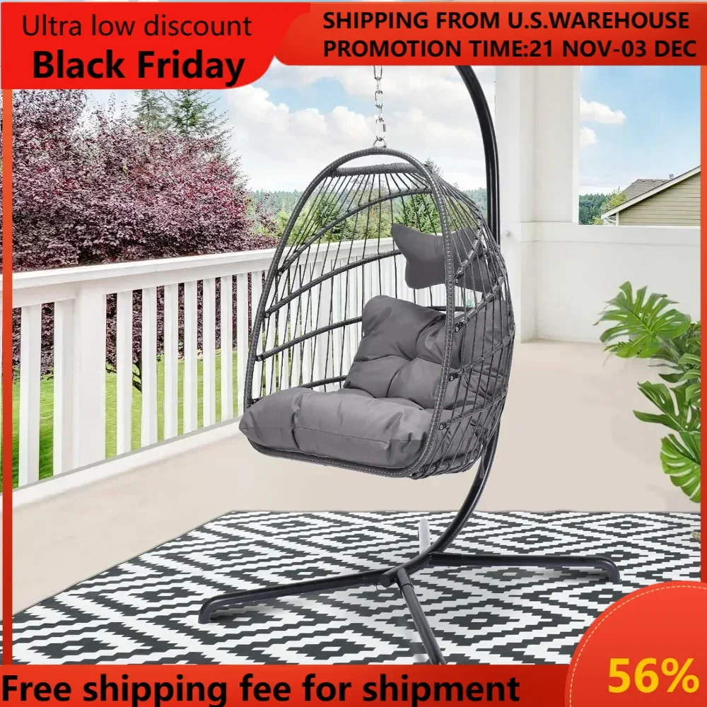 Indoor Outdoor Patio Wicker Hanging Egg Chair with Stand PE Rattan Swing Hammock Egg Chairs UV Resistant Cushions 350l