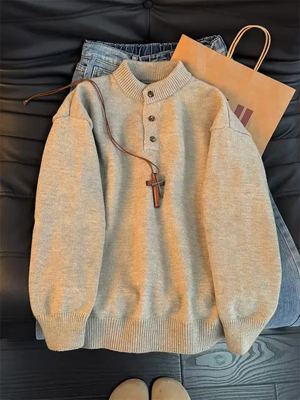 

Мужская трикотажная рубашка в американском ретро-стиле с воротником Хенри, свободного кроя, для зимы, в стиле Lazy Style, базовая, для ношения под одеждой, Cleanfit, в комплекте с рубашкой