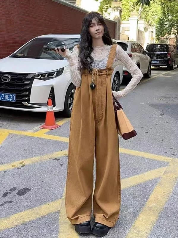 

Повседневные широкие комбинезоны, женские джинсы Fufu, весенне-осенние свободные утягивающие студенческие антивозрастные цельные брюки прямого кроя