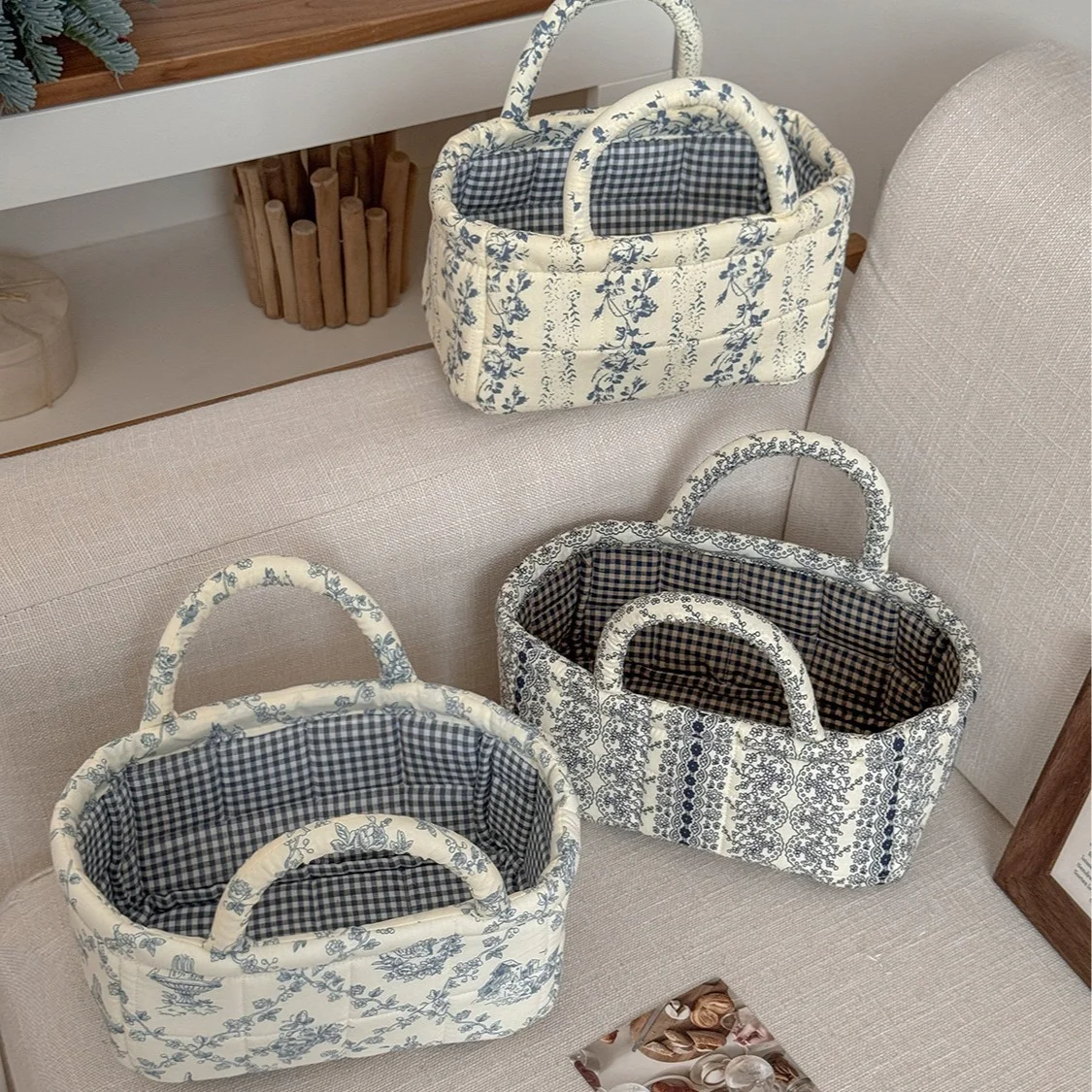 Baby Clothing Basket - YTポータブルアウトドアカントリースタイル柄収納バッグ和風フレッシュフローラルハンドバッグ蔓収納バスケット
