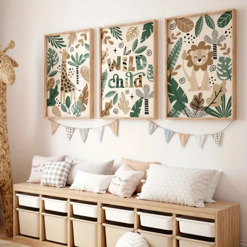 （NoFrame 3PCS）-2D Flat, 2D Flat, 2D Fiat, 3pcs/Set Bohemian Prints, Wall Art Decor, Wildlife Wall Art, Green Jungle Art, Wild