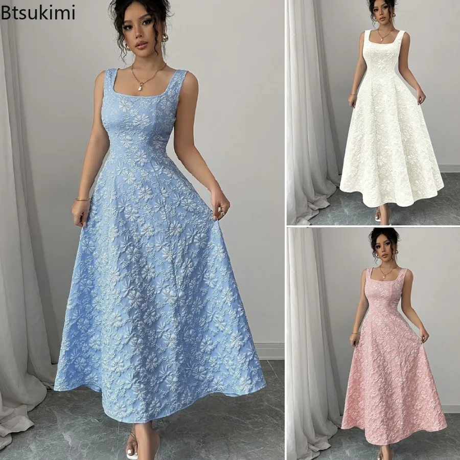 2026 Modische Jacquard-Maxikleider mit eckigem Ausschnitt, ärmellos, für Damen – Sommer Neuheit, schmal geschnitten, hohe Taille, elegant, weites Swing-Kleid für Frauen