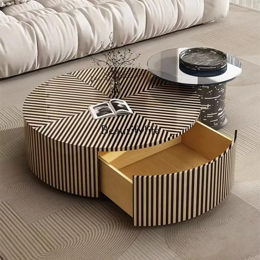 Italian light luxury cream style zebra pattern round coffee table tempered glass living room coffee table