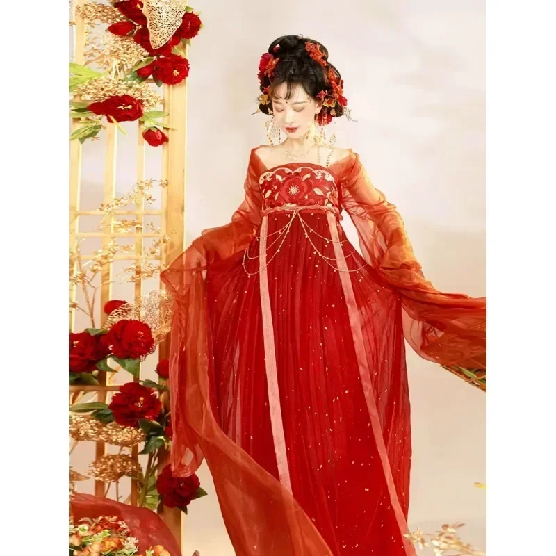 Robe de mariée rouge des dynasties du sud du nord pour femmes, broderie traditionnelle chinoise, robes Hanfu avec Pibo nickel é