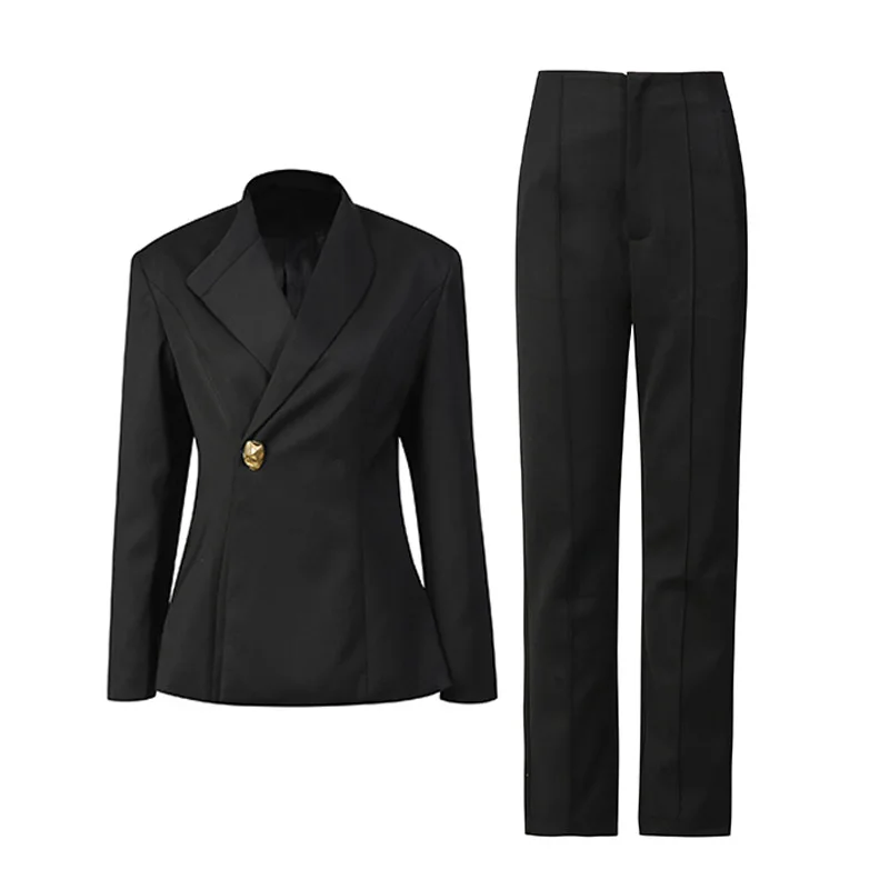 ZAMOR HIGH STREET Women Elegant Commuter Suit Set 2026 New Lapel Irregular One Button Top Slim Fit Pants Office Blazer