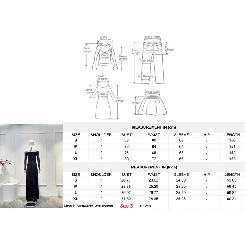 Otoño nuevo estilo Casual mujeres que usan 2025 negro plisado manga larga fuera del hombro Halter recortado vestido Midi