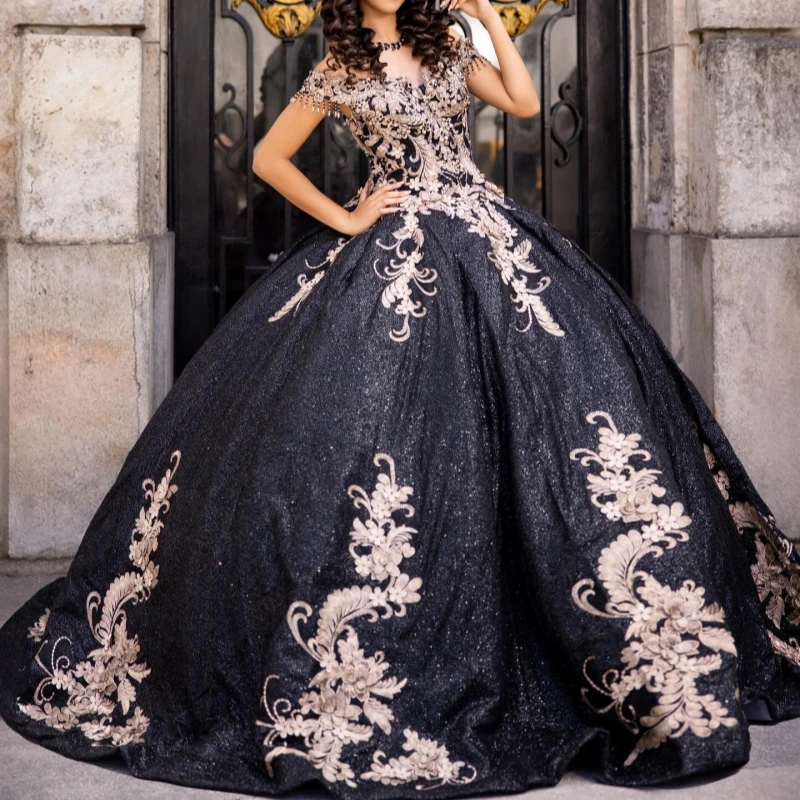 

Черное блестящее платье Quinceanera, бальное платье с открытыми плечами, аппликация из бисера, тюлевое платье для вечеринки, дня рождения, сладкое платье 16, Vestidos 15 Anos