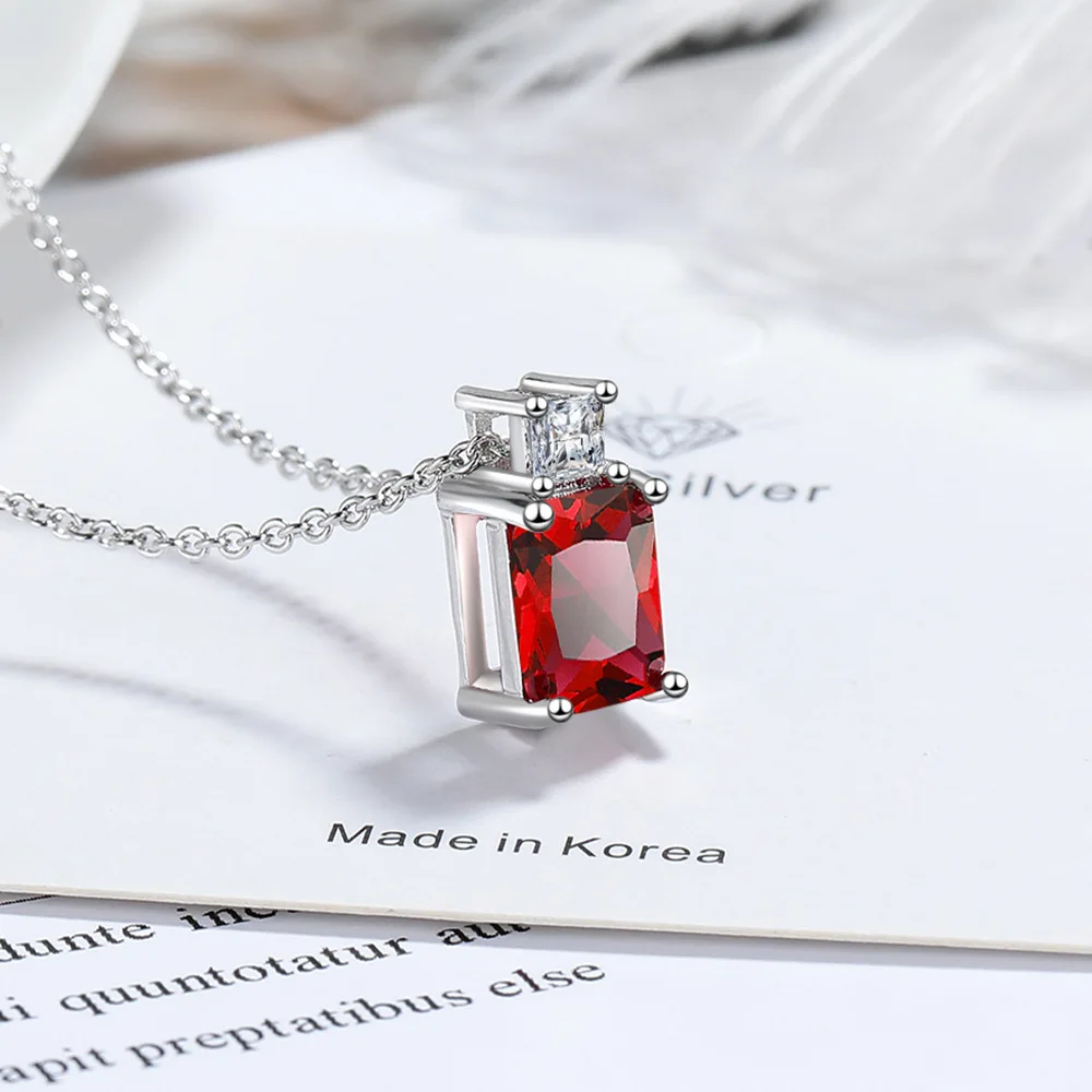 

Emerald Cut Created Red Ruby 925 Sterling Silver Square Pendant Necklace for Women Fashion Statement Gemstone Jewelry Choker