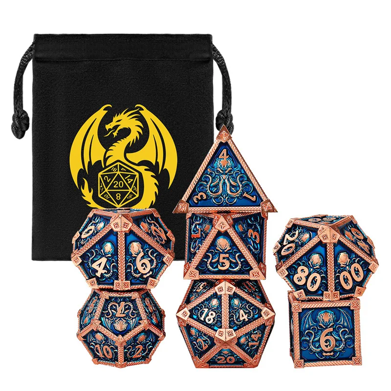 

7pcs/set Large Size Metal Polyhedral Dice with Octopus Pattern Table Board Role Play Gaming Accessories Dice with Storage Bag