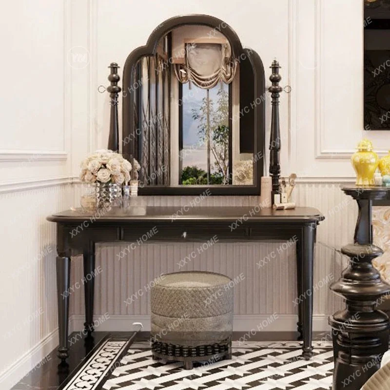 Classic Dressing Table Carved Solid Wood Makeup Table Vintage Vanity Table with Mirror Multifunctional