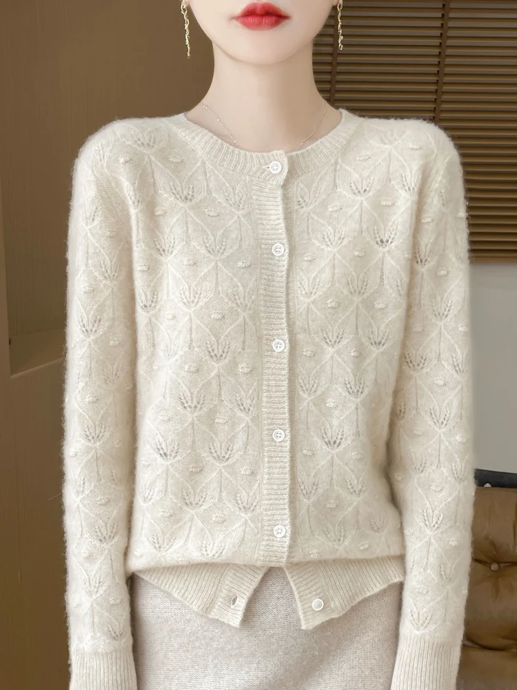 

Жаккардовый ажурный женский кардиган с круглым вырезом, простой однотонный, из 100% мериносовой шерсти, повседневные базовые мягкие новые поступления, топы