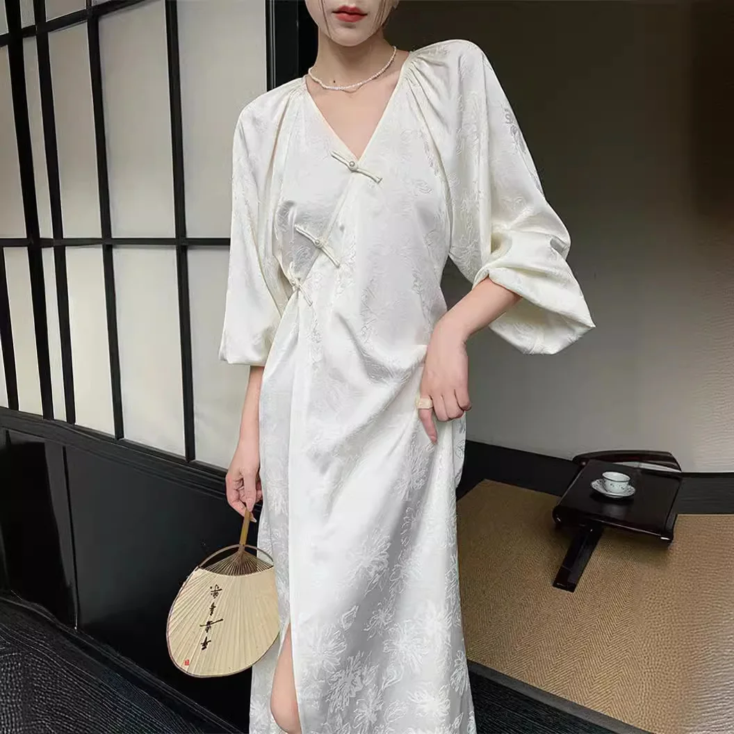 UMI MAO Long Sleeved Dress For Women New Chinese Button Zen   2024 Spring Summer New Slimming Stylish V-neck Long Dresses Y2K