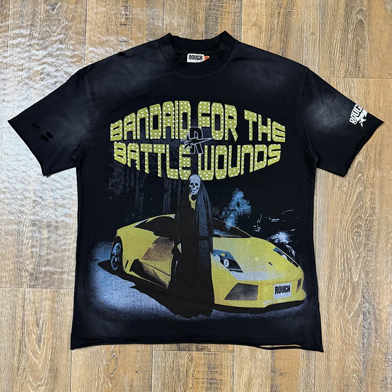 2026SS Rough Play Unisex Retro T‑Shirt Tie‑Dye Distressed Ripped Car Skull Figure Loose Street Short Sleeve Tee Top