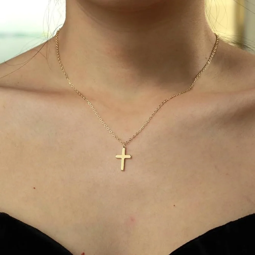 MEDFOLY Stainless Steel Cross Pendant Necklace for Women 18K Gold Plated/Silver Plated Simple Collarbone Chain for Mom Jewelry - Image 3