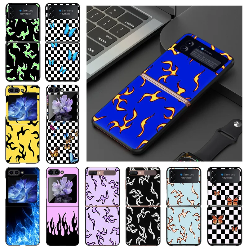 Hard Case for Samsung Galaxy Z Flip5 Flip3 5G Flip4 Flip Butterfly Blue Red Flame Fire Black Phone Cases Cover