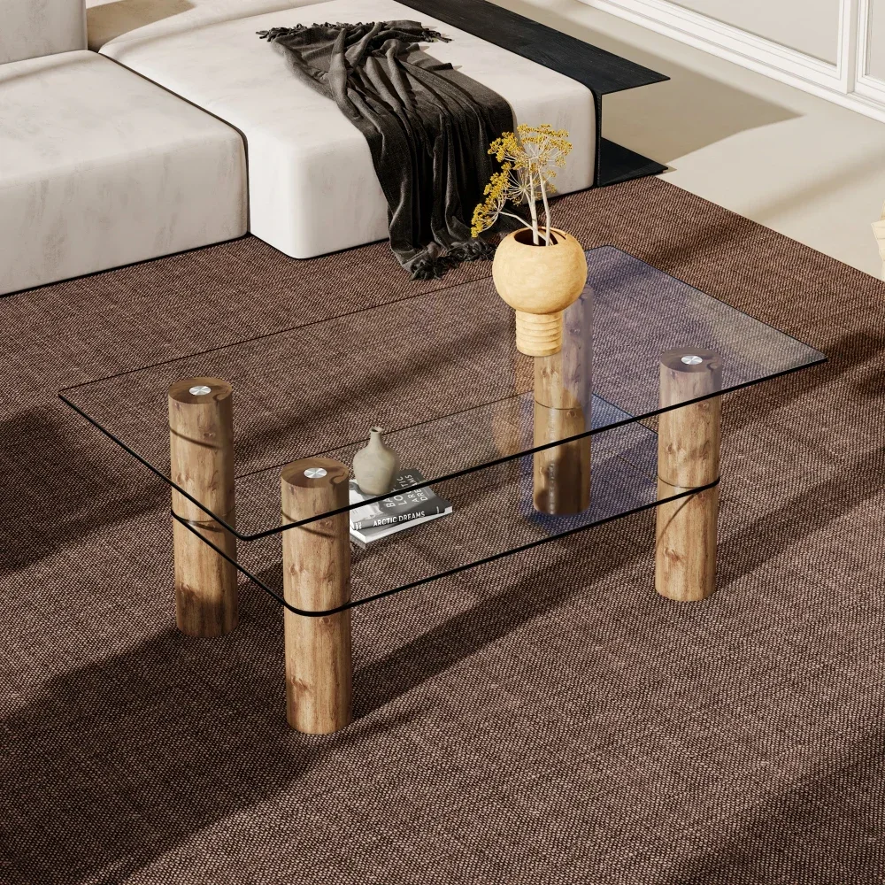 Modern minimalist double-layer clear tempered glass end table and tea table with wooden MDF decorative columns.