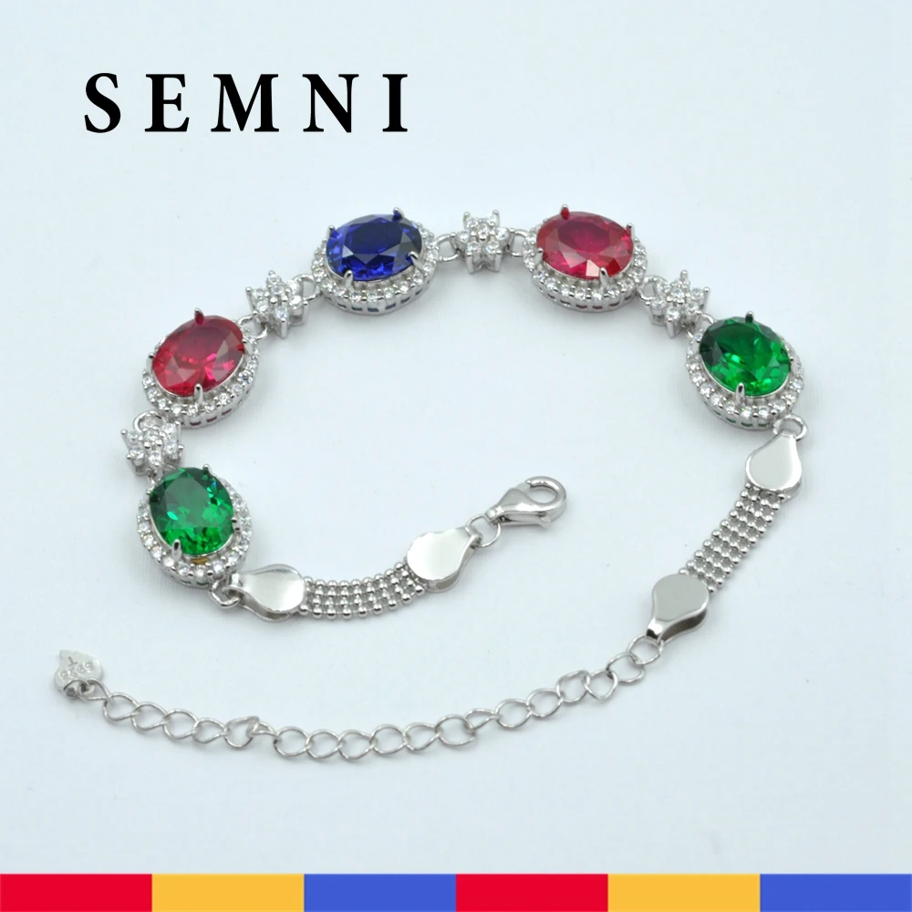 SEMNI Total About 10.0ct 7*9mm Oval Cut Sapphire Emerald Ruby Gem Bracelet for Women Grils 925 Sterling Silver Bangle Pulseras