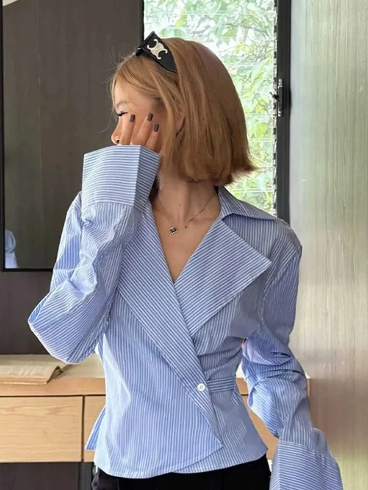 

V Neck Blue Striped Slim Shirt Women Spring Vintage Long Sleeve Casual Blouse French Retro Single Breasted All Match Ins Tops