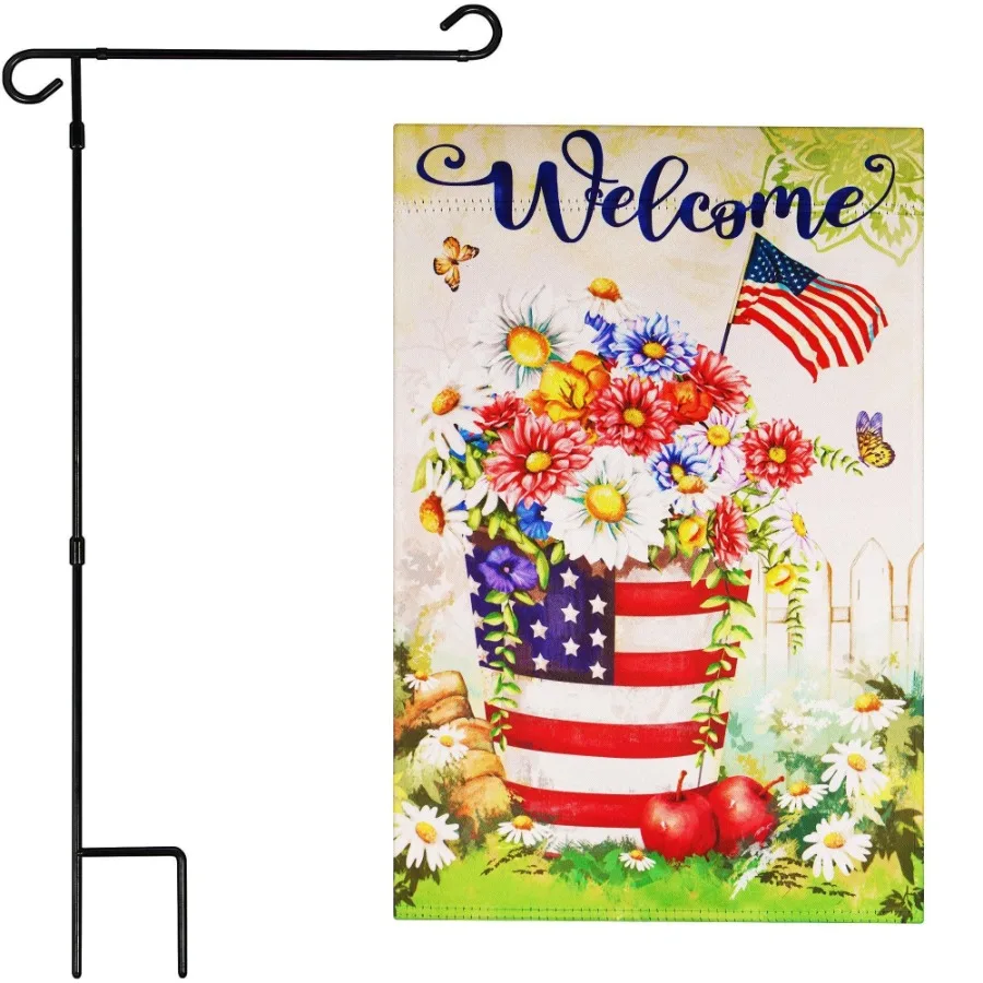 

Combo Pack Garden Flag Stand Black 36x 16 in Garden Flag 12x18 in Patriotic Dration Welcome USA Flag Flower Pot DoubleSided Blo
