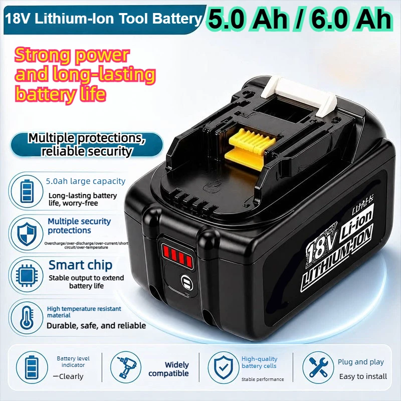 18V Lithium-Ion Replacement Battery, 5.0Ah  6.0Ah, with LED Indicator, Compatible with foMakita BL1860  BL1850 LXT Power Tools