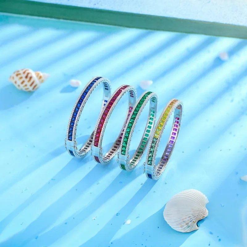 Sterling Silver Rainbow Bracelet Women Featuring Lab Grown Multicolor Gemstones Comfort Fit Adjustable Bangle Fashion Jewelry Gi