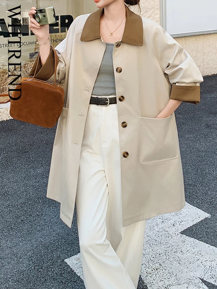 

WHTREND 2025 Autumn New Style Elegant Color Block Trench Coat For Women Lapel Single Breasted Mid Length Windbreaker WH1413