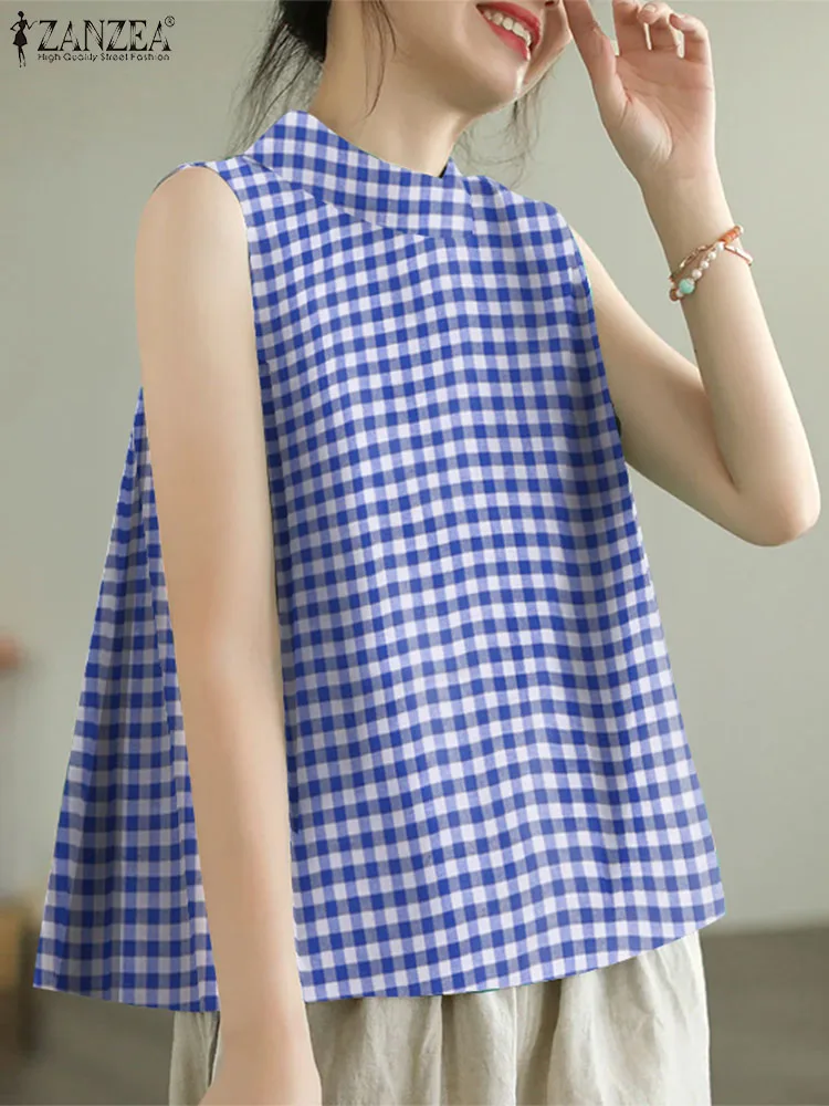 ZANZEA Korean Plaid Printing Tanks Sweety Sleeveless O-neck Tops 2024 Summer Fashion Tank Tops Women Casual Loose A-line Blouse