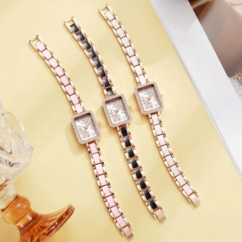 Women Square Rhinestone Bezel Quartz Watch Rose Gold Mixed Color Enamel Metal Bracelet Band Elegant Ladies Watch