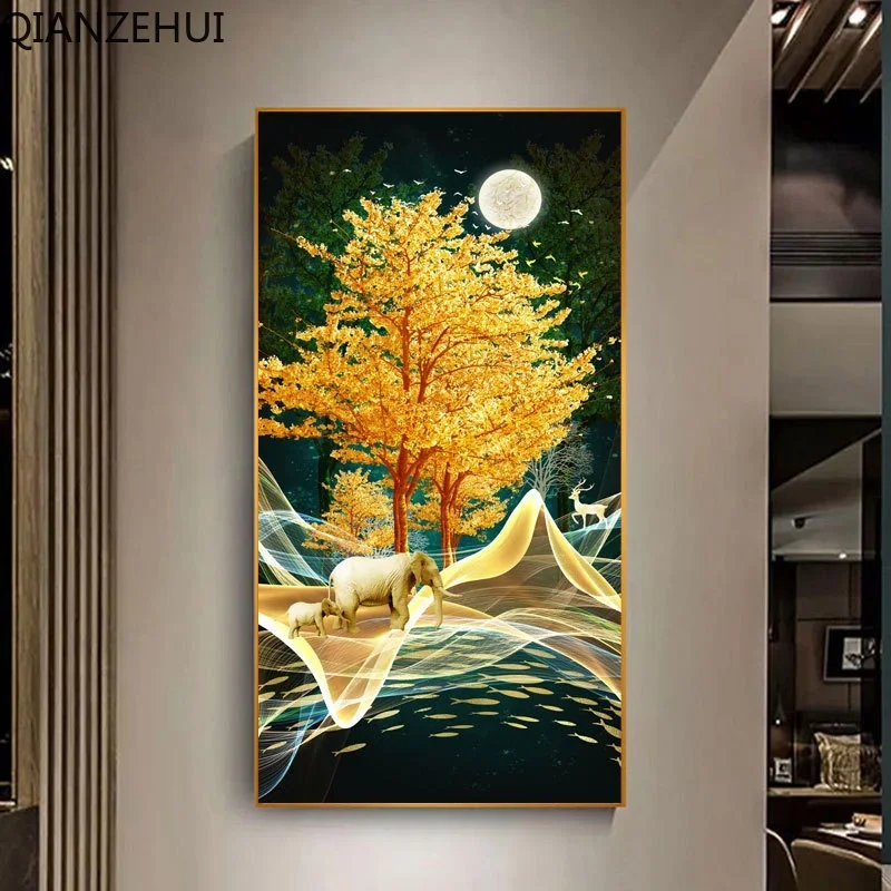 DIY full Diamond Embroidery,Round Diamond Elephant Pachira Macrocarpa Deer Living room decoration rhinestone Diamond painting