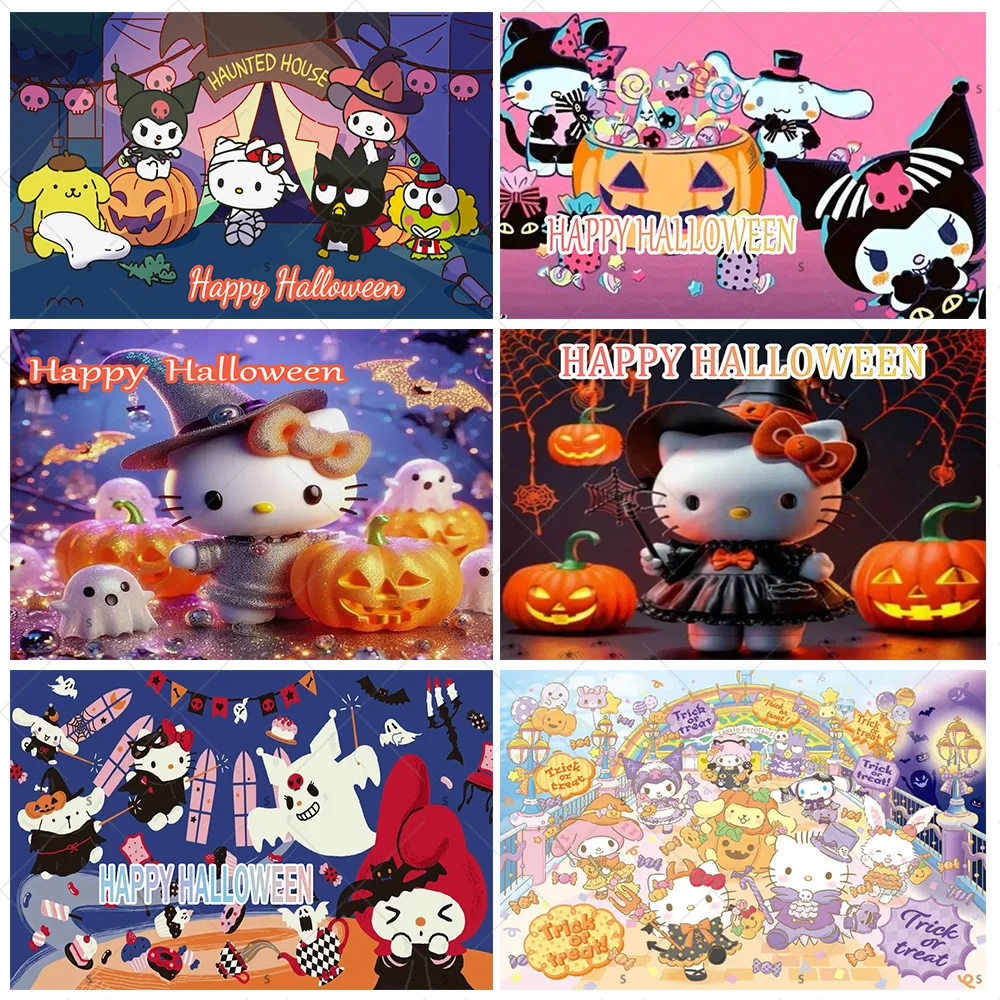 

Cartoon Sario Hello Kitty Kuromi Background Decoration Supplies Pumpkin Halloween Backdrop Party Banner Decor Photo Shoot Props