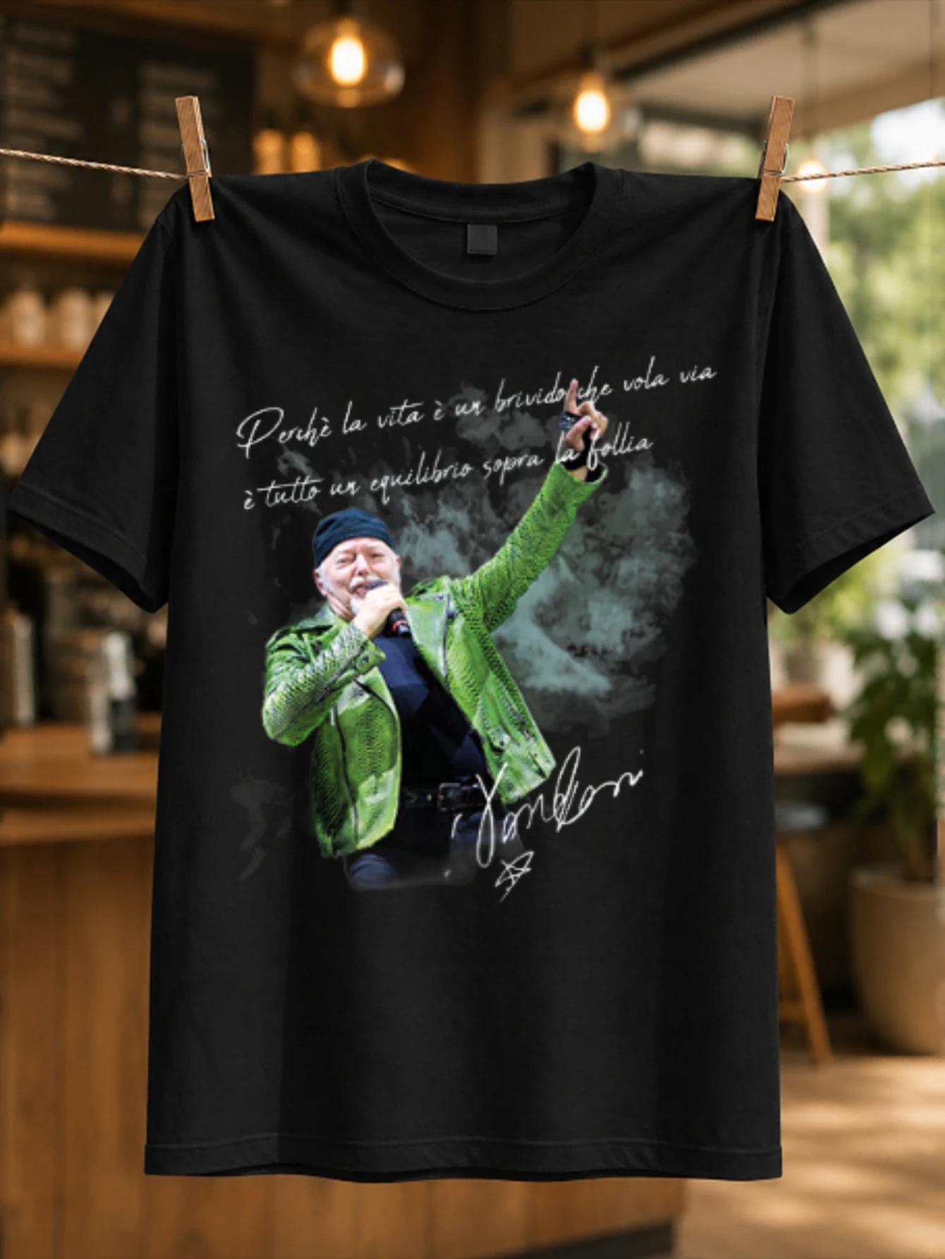 Vasco stage singer green jacket portrait with Italian script quote smoky concert mood and   Unisex All T-Shirt