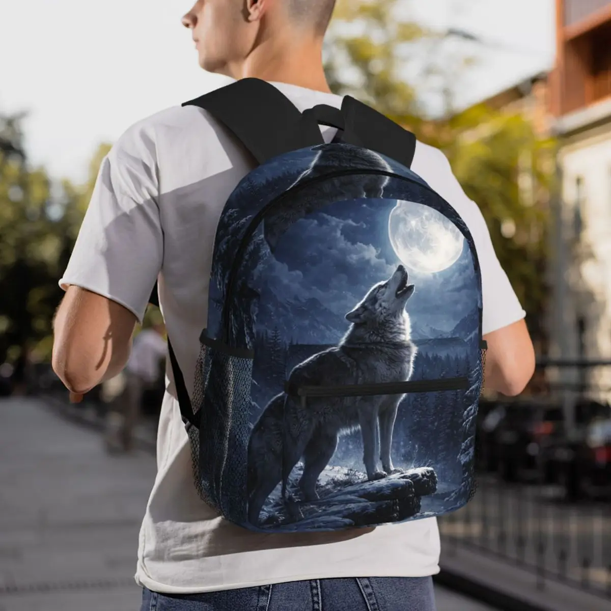 Howling Wolf Under The Moonlight Print Backpack Student BookBag Kids School Bag Laptop Shoulder Bags for Men Women