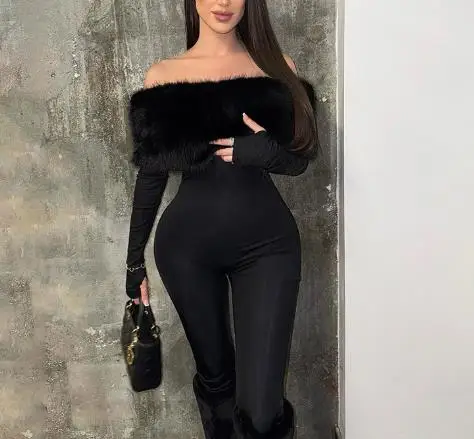 Herbst und Winter One Neck Off Schulter Pelz Patchwork Set Finger Langarm Neun Teil Overall frauen Kleidung