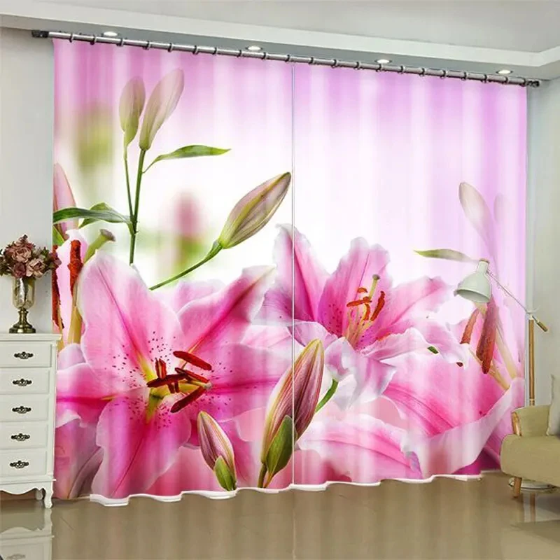 

Pink Lily Flower Print Curtains for Bedroom Living Room Balcony Floor-to-ceiling Window Kitchen Shutters Partition Door cortinas