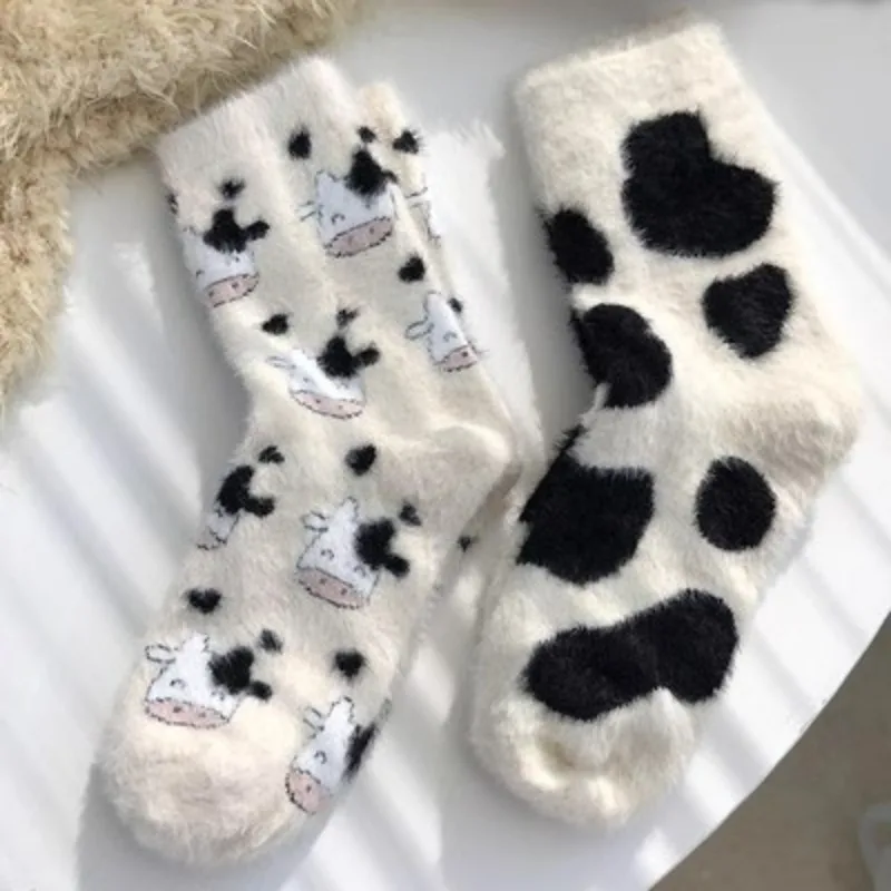 

2pairs Sweet Cow Spot Mink Velvet Socks White Mink Socks Winter Plush Warm Home Sleeping Socks Japanese Cartoon Furry Tube Socks