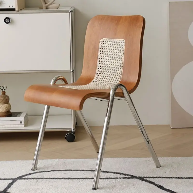 Home Restaurant Creative Rattan Backrest Dining Chair Living Room Bedroom Comfortable Stainless Steel Solid Wood Backrest Stool