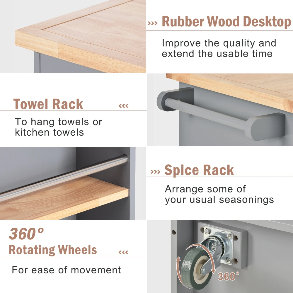 Rolling Kitchen Island com Armazenamento, Carrinho de dois lados Kitchen Island sobre rodas com tampo de madeira, Wine and Spice Rack